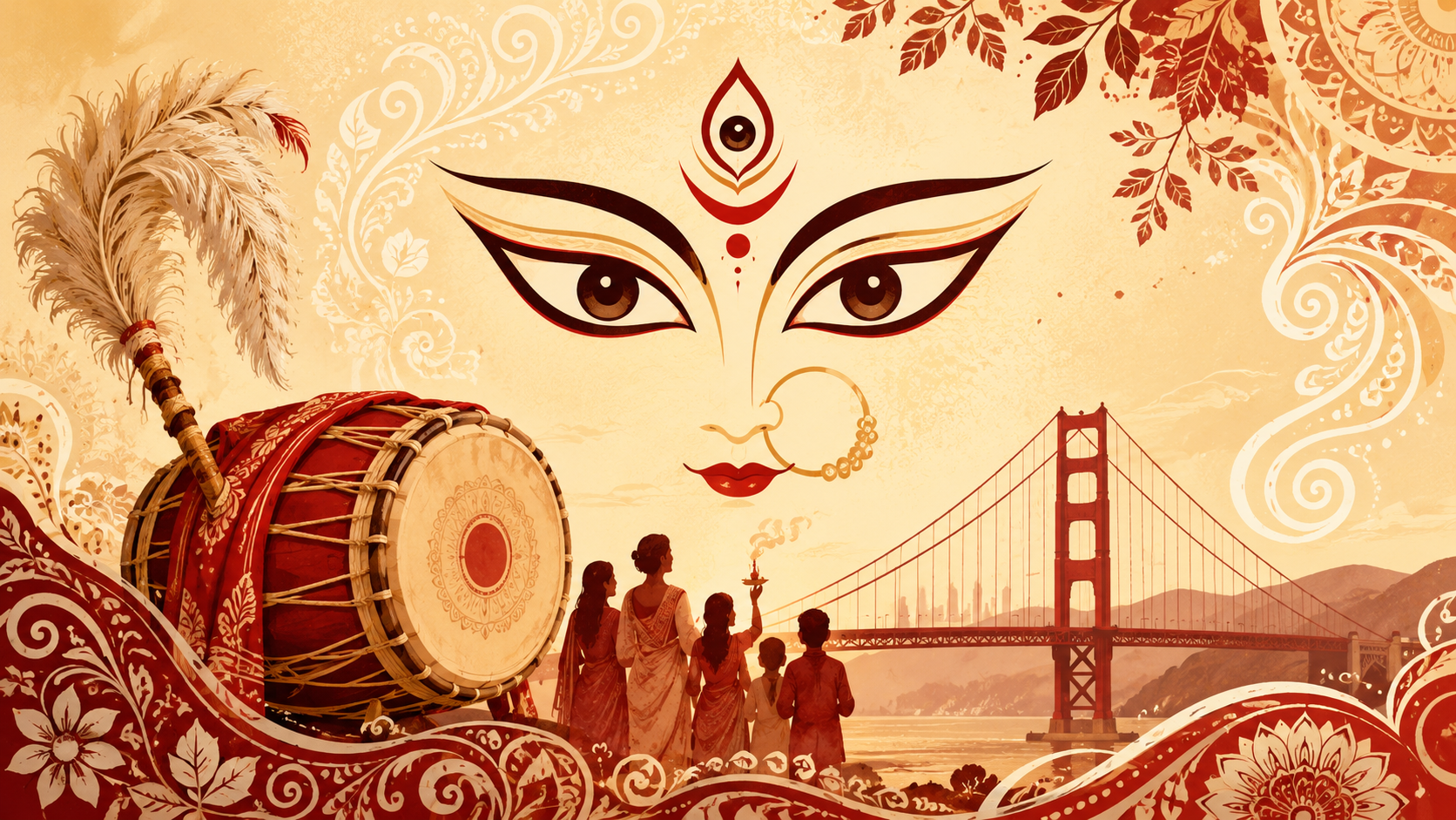 Bengali cultural celebration with Durga Puja, dhak, alpana, and Bay Area community