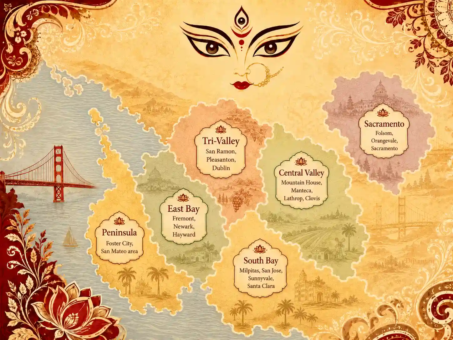 Map of the San Francisco Bay Area for Durga Puja planning