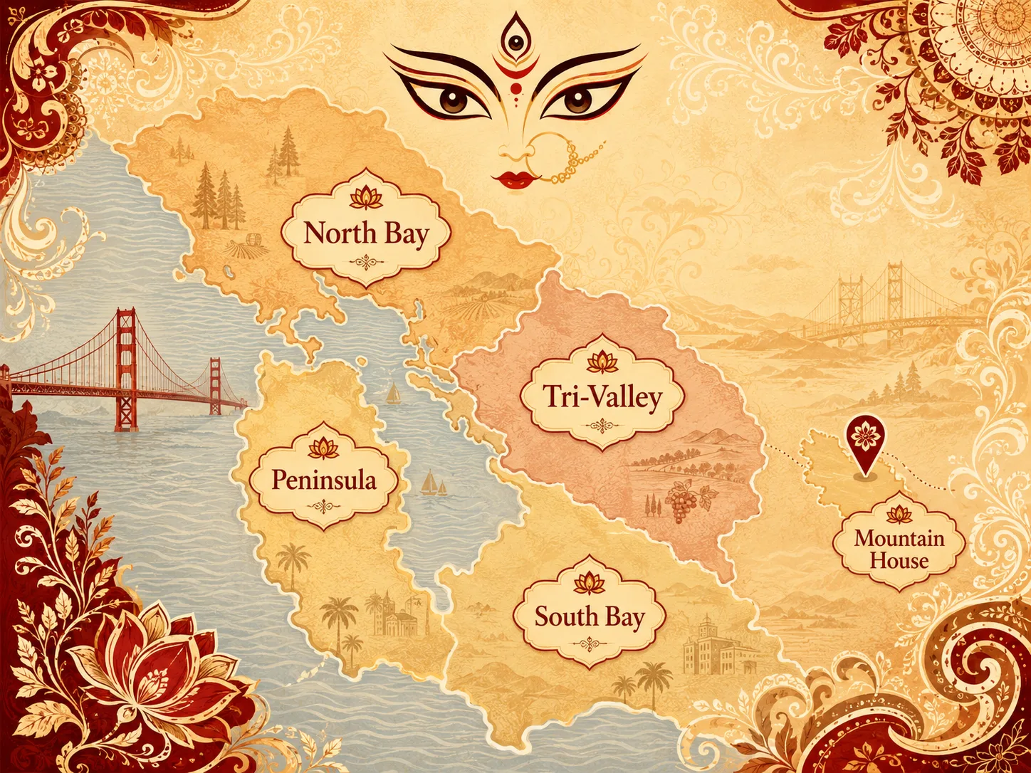 Map of the San Francisco Bay Area for Durga Puja planning